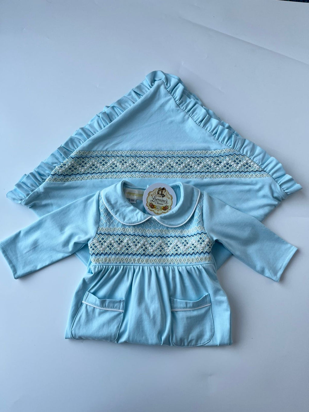 Blue smocked Babygrow set