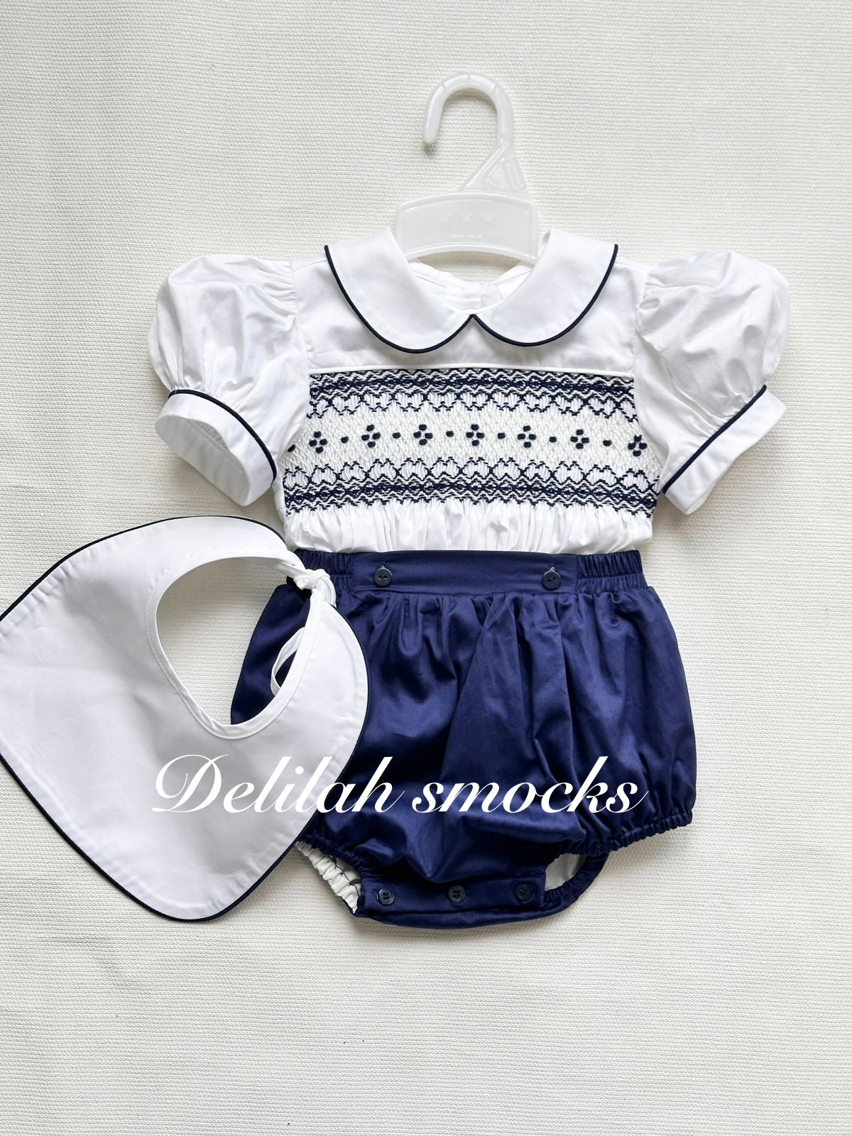 Navy  Smocked Outfit and Bib