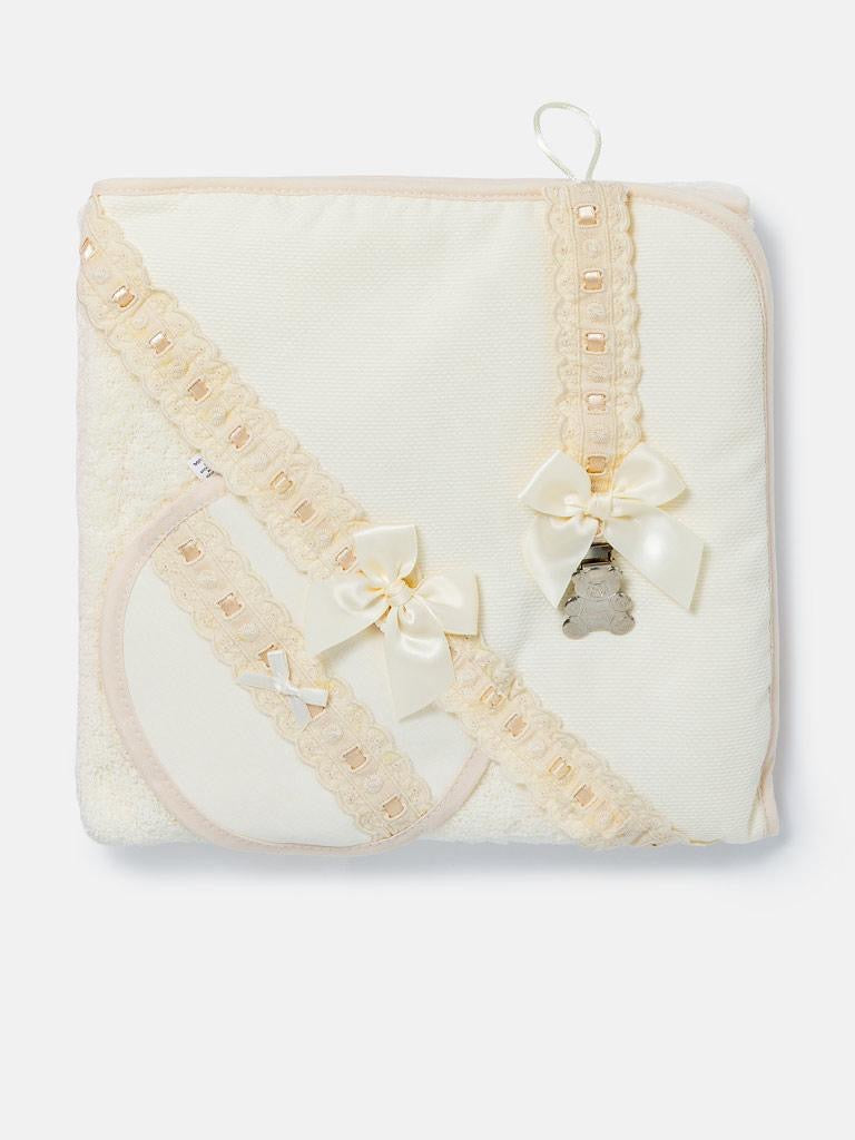 Cream Bath Set - towel, bib and dummy clip