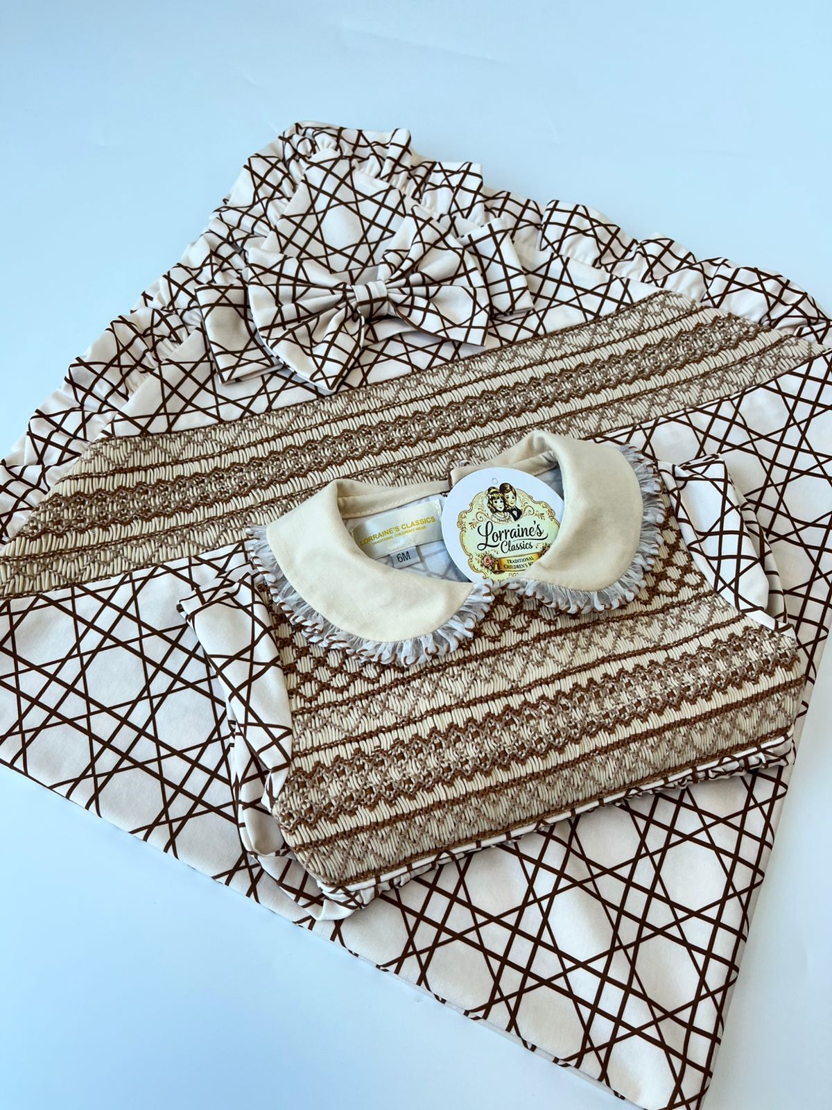 Cream and Brown smocked set