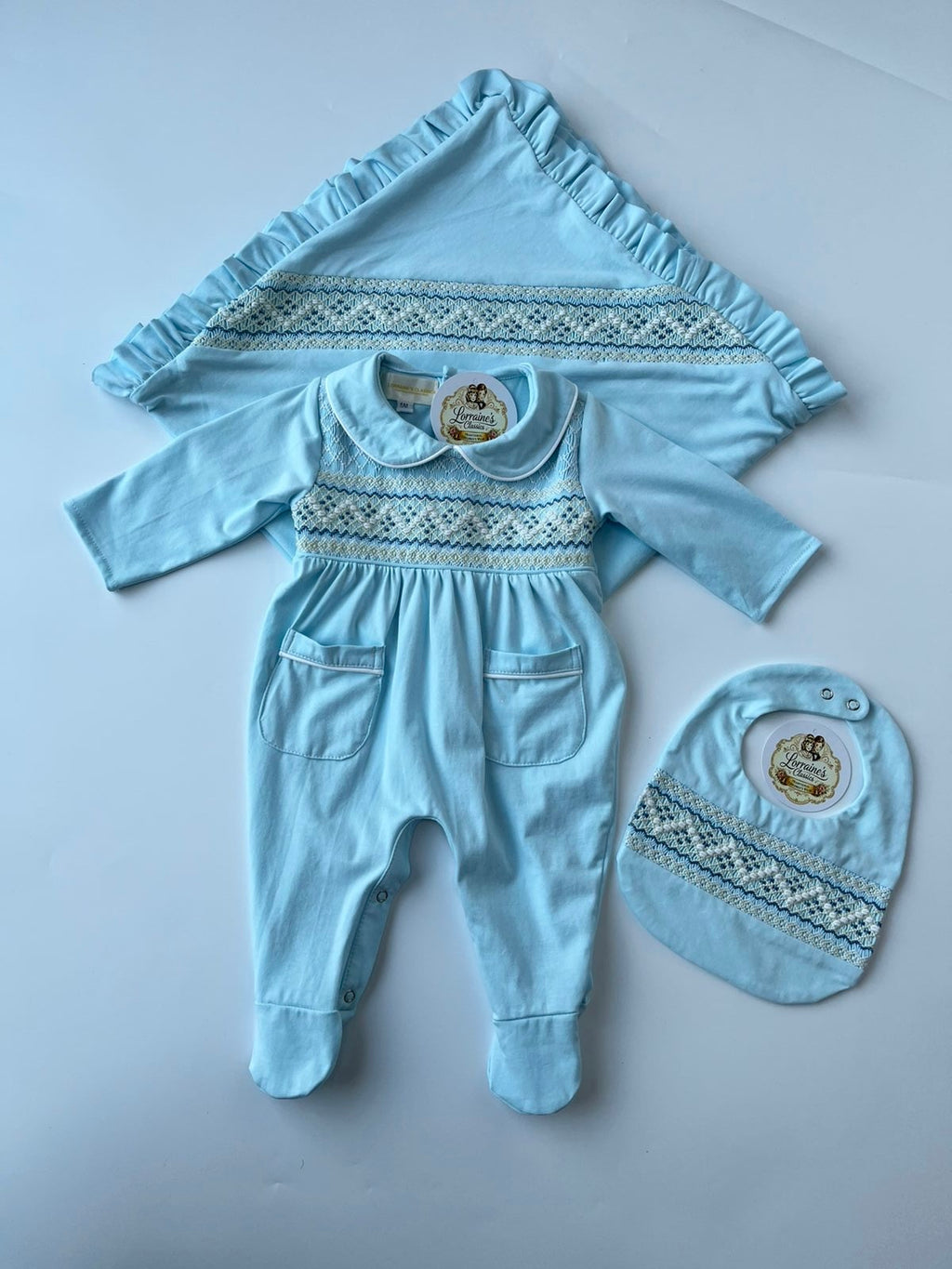 Blue smocked Babygrow set