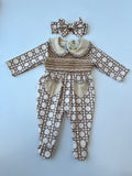 Cream and Brown smocked baby grow & headband