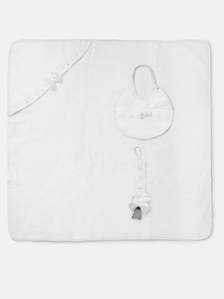 White Bath Set - towel ,bib and Dummy clip