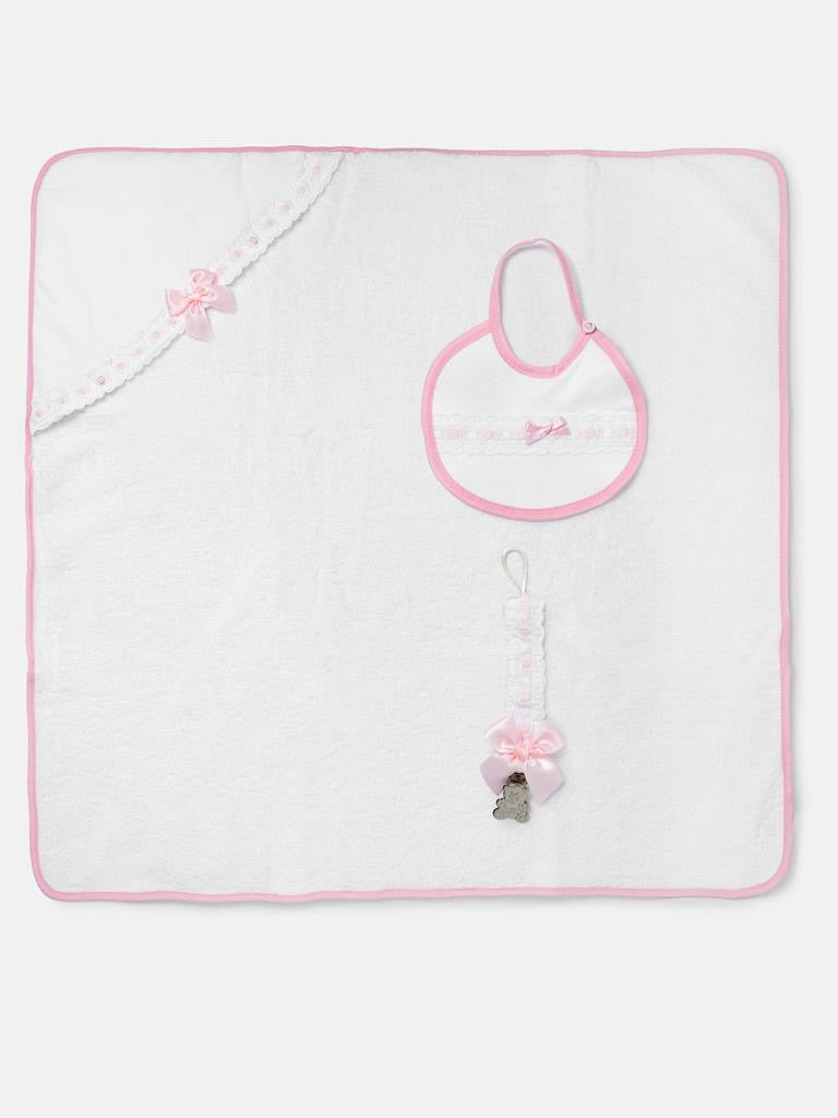 Pink Bath Set - towel , bib and Dummy clip
