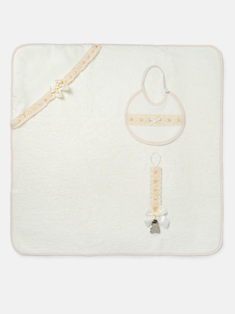 Cream Bath Set - towel, bib and dummy clip