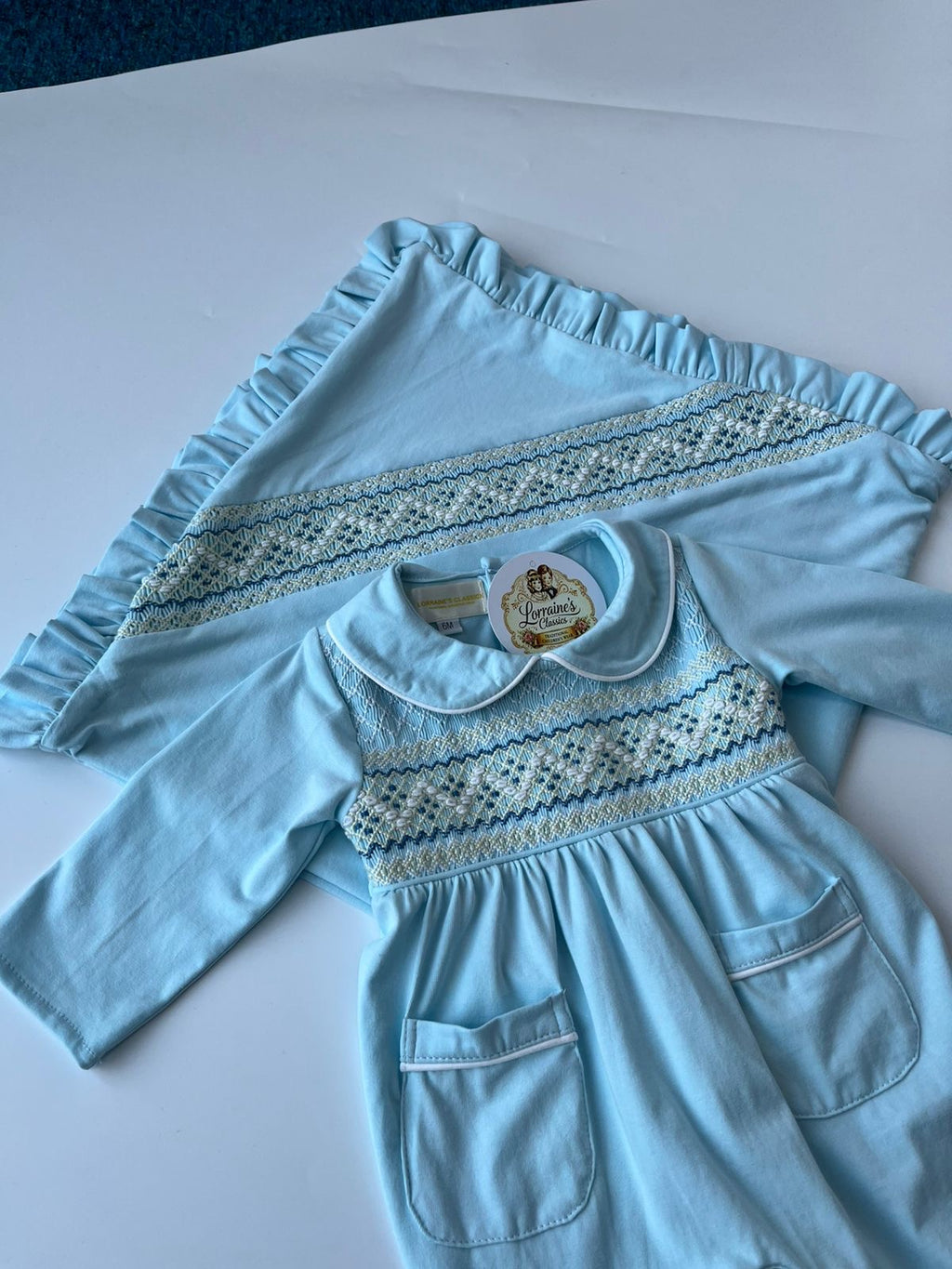 Blue smocked Babygrow set