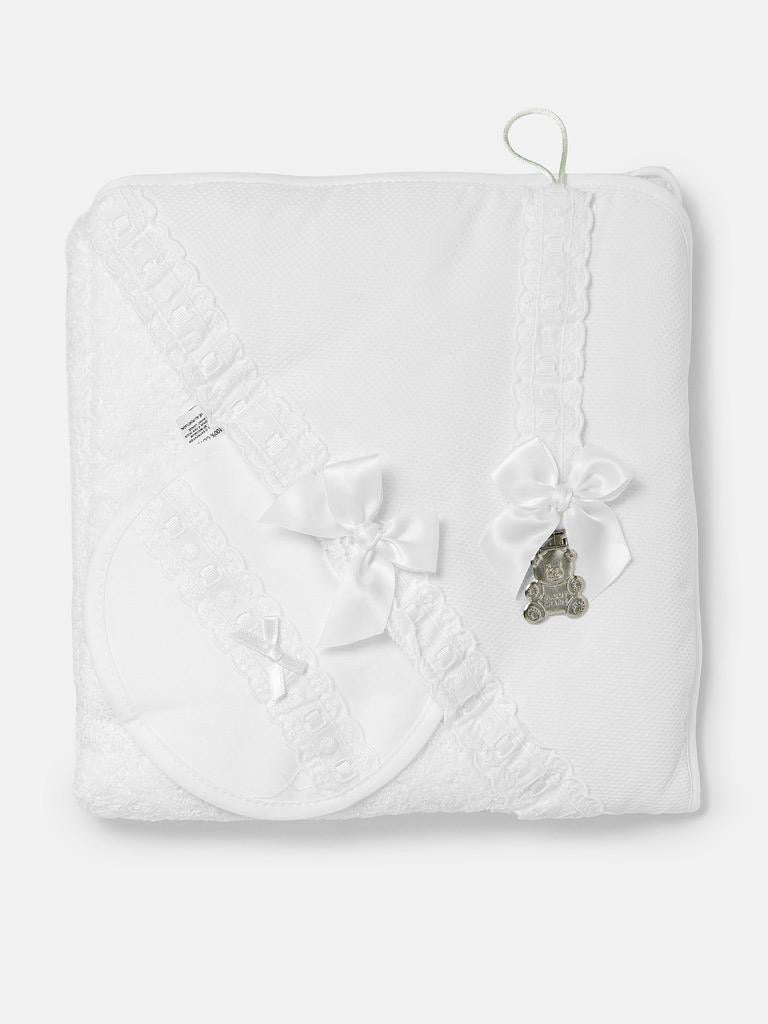 White Bath Set - towel ,bib and Dummy clip