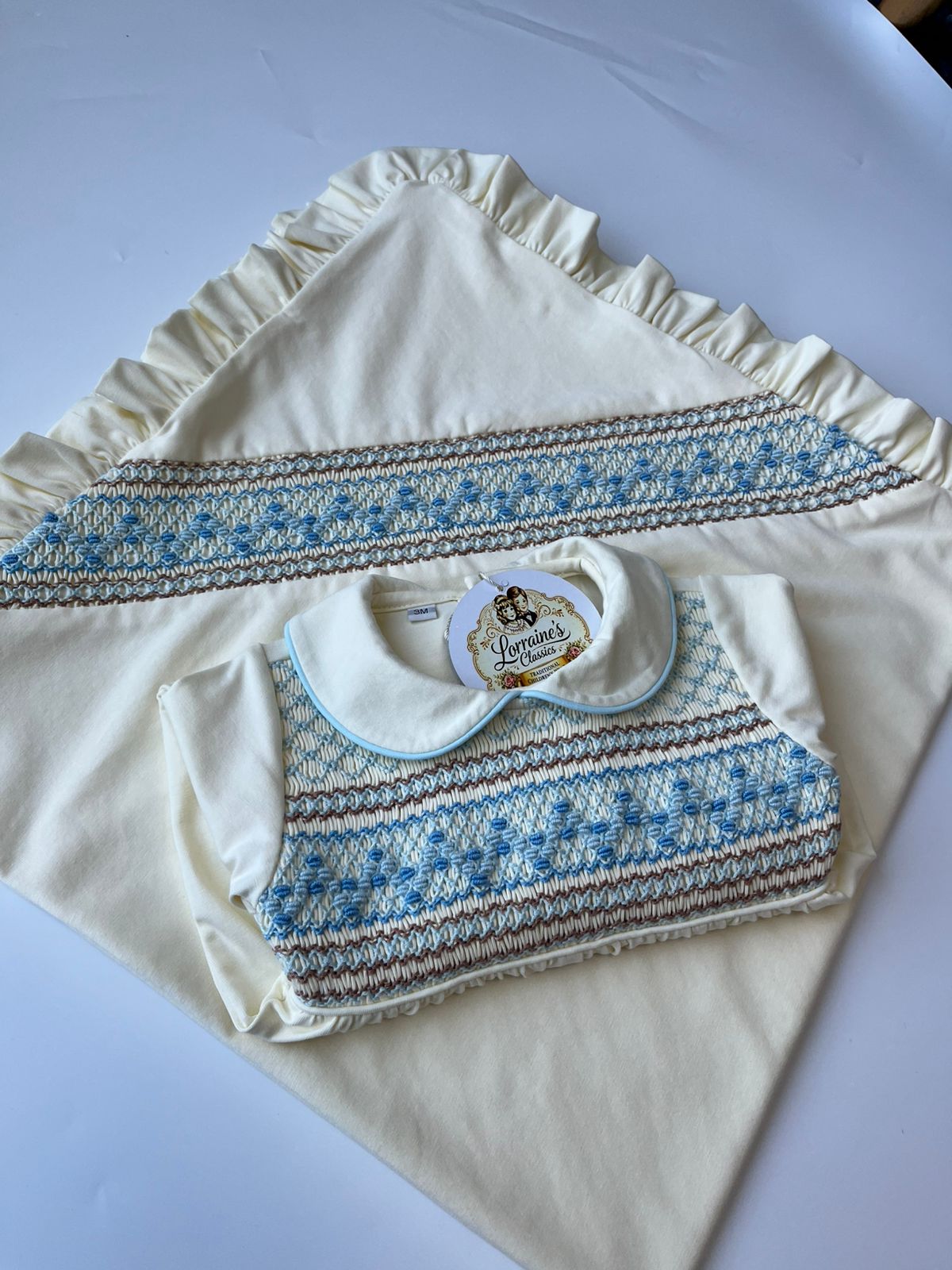 Cream And Blue smocking set