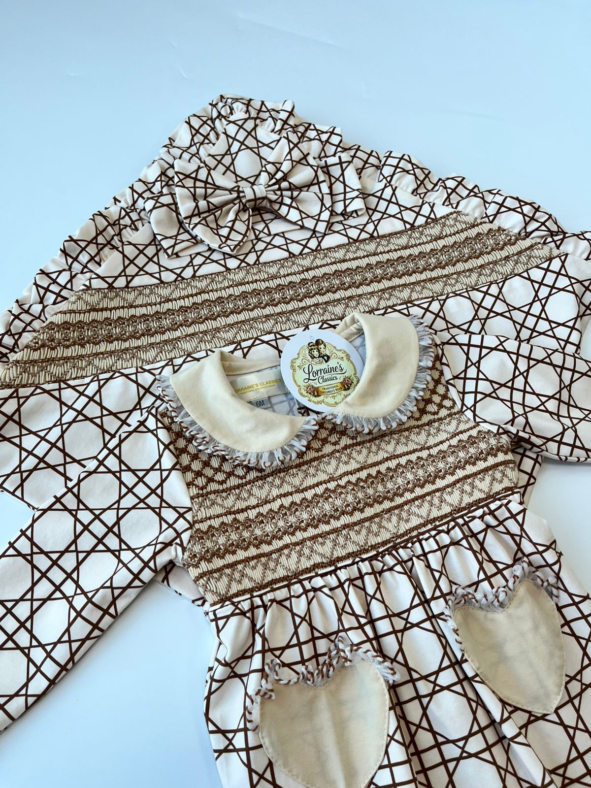 Cream and Brown smocked set