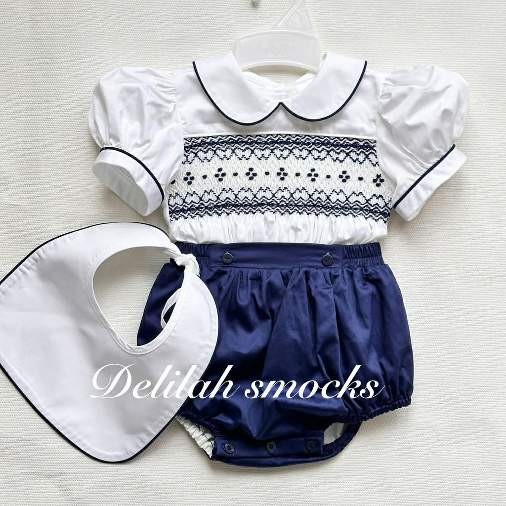 Navy  Smocked Outfit and Bib